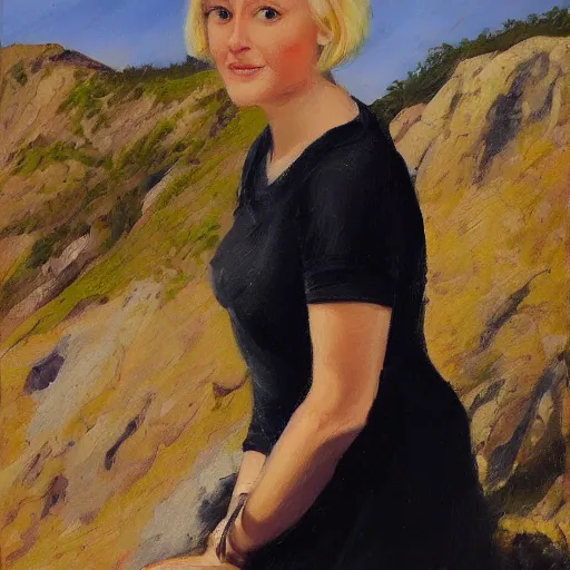 Image similar to a woman with short blonde hair poses on a mountain, oil painting,
