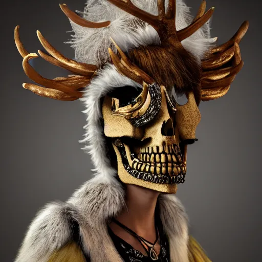 Prompt: a photographic portrait of a anthropomorphic norse mythology mimosa, wearing furry clothes and artifact head gear made of deer horn and skull bones embaded with jewels in the style of heilung an experimental folk music band, elegant, highly detailed, hyper realism, 4k, DSLR, artstation, smooth, sharp focus, octane render, 3d, good clear quality, lighting, biology, symmetrical artwork, perfect face, high detail, octane render