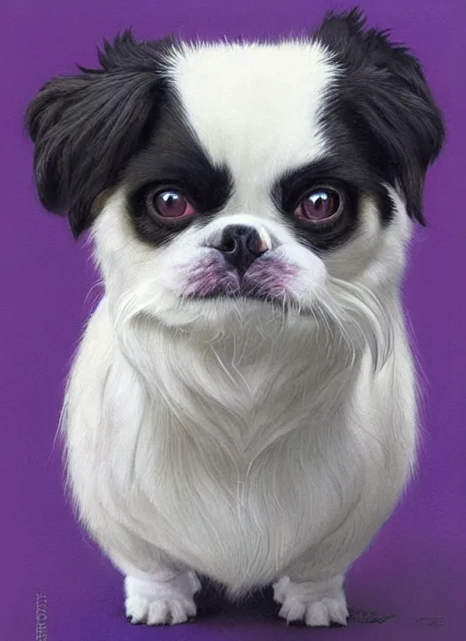 Image similar to portrait of a dwarf Japanese chin dog, highly detailed, centered, solid color background, digital painting, artstation, concept art, smooth, sharp focus, illustration, Jason Edmiston, donato giancola, Joseph Christian Leyendecker, Les Edwards, Ed Repka, WLOP, Artgerm