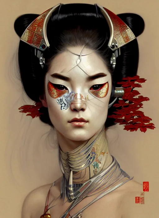 Image similar to cyborg geisha, diffuse lighting, fantasy, intricate, elegant, highly detailed, lifelike, photorealistic, digital painting, artstation, illustration, concept art, smooth, sharp focus, art by John Collier and Albert Aublet and Krenz Cushart and Artem Demura and Alphonse Mucha