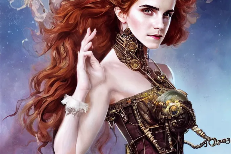 Image similar to three-quarters pose portrait of Emma Watson as a beautiful Lady Mechanika, very beautiful young woman, ginger wavy hair, Victorian-era push-up underwire. Intricate, steampunk imagery themed, D&D!, fantasy style, sharp focus!, ultra detailed, art by Artgerm and Peter Andrew Jones