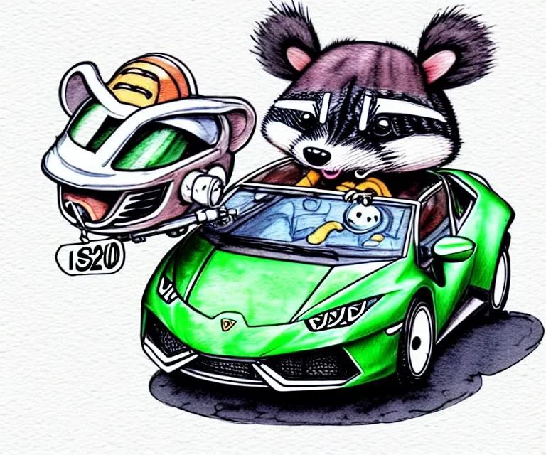 Image similar to cute and funny, racoon wearing a helmet riding in a tiny 2 0 2 0 lamborghini huracan sto, ratfink style by ed roth, centered award winning watercolor pen illustration, isometric illustration by chihiro iwasaki, edited by range murata