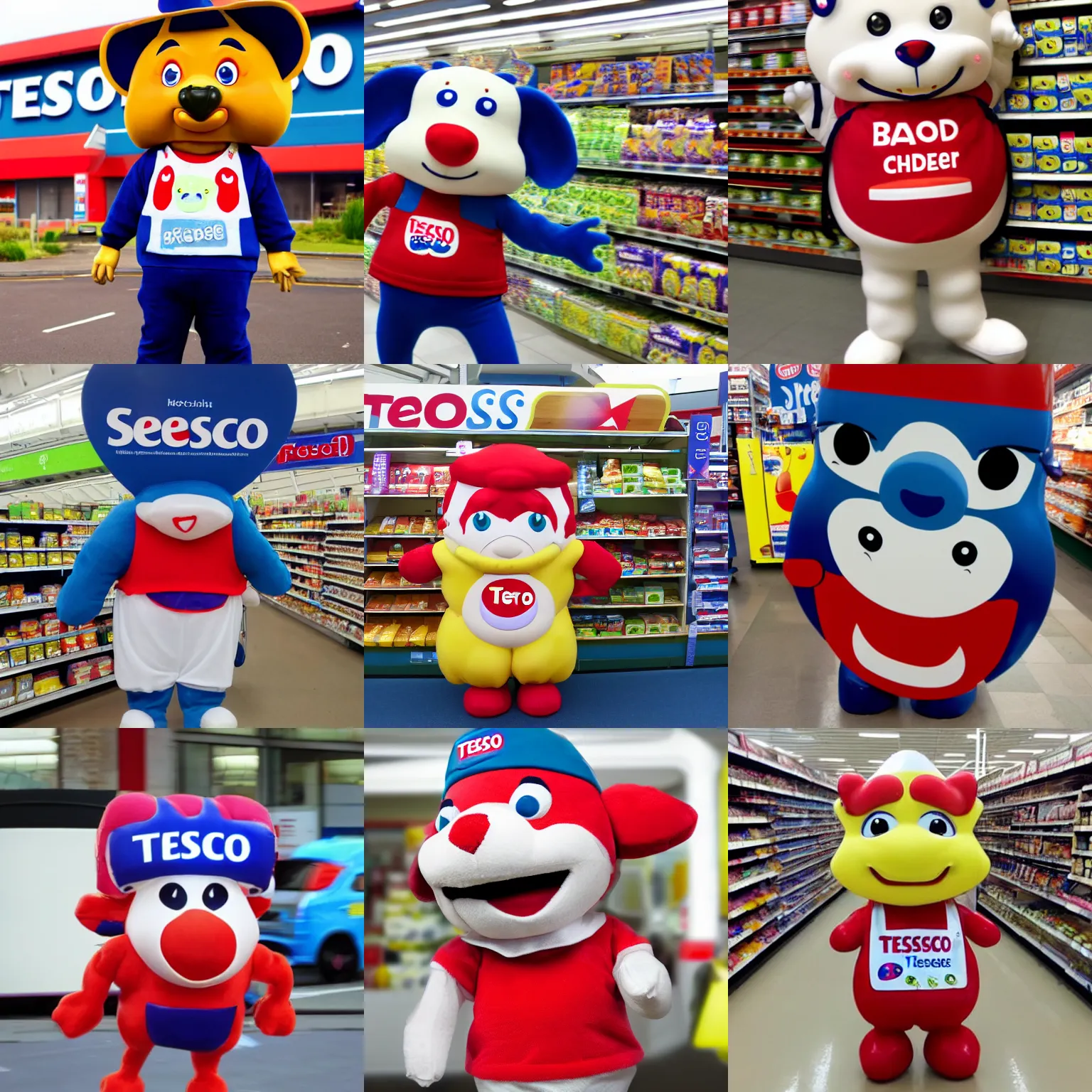 Prompt: Tesco friendly carrier bad children's mascot