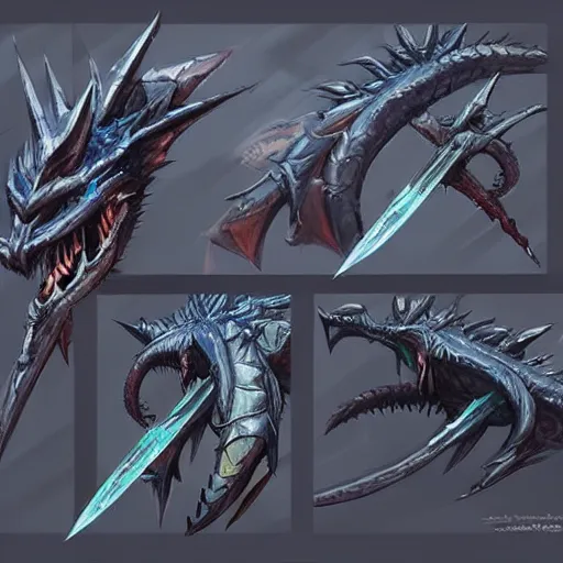 Prompt: concept art of evil dragon blade weapon, blade design, fantasy blade, fantasy, behance, pinterest, deviantart, artstation, weapons concept art, design, rpg, weapon, detailed, digital art, incredible, digital painting