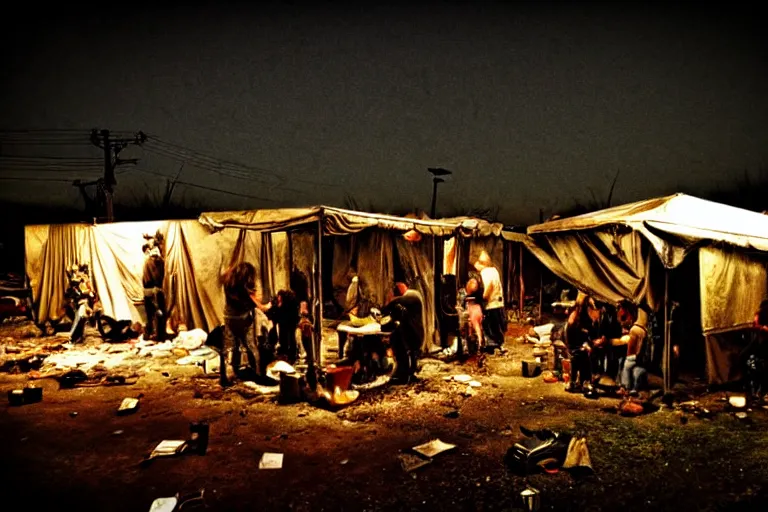 Image similar to post apocalyptic us dinner being used as a shelter, dystopian, people huddled, night, spot lights, rust