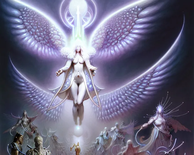 Image similar to the army of white light and angels, fantasy character portrait made of fractals facing each other, ultra realistic, wide angle, intricate details, the fifth element artifacts, highly detailed by peter mohrbacher, hajime sorayama, wayne barlowe, boris vallejo, aaron horkey, gaston bussiere, craig mullins