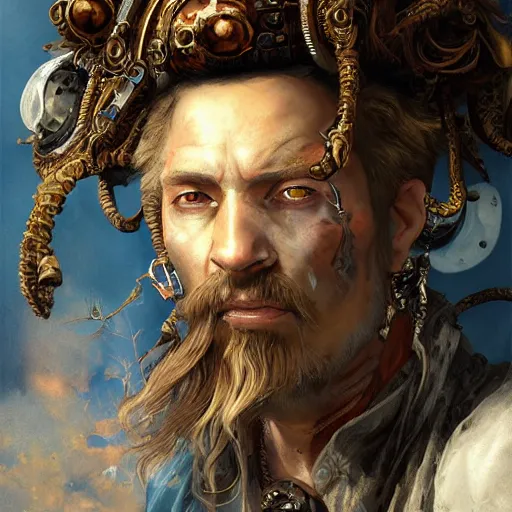 Image similar to portrait, headshot, insanely nice hair style, digital painting, of a old 17th century, old cyborg merchant, amber jewels, baroque, ornate clothing, scifi, realistic, hyperdetailed, chiaroscuro, concept art, art by Franz Hals and Jon Foster and Ayami Kojima and Amano and Karol Bak,