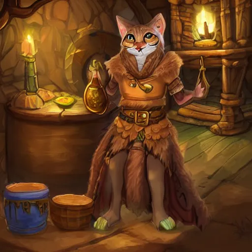 Prompt: DnD character art of a tabaxi druid in a tavern, digital art