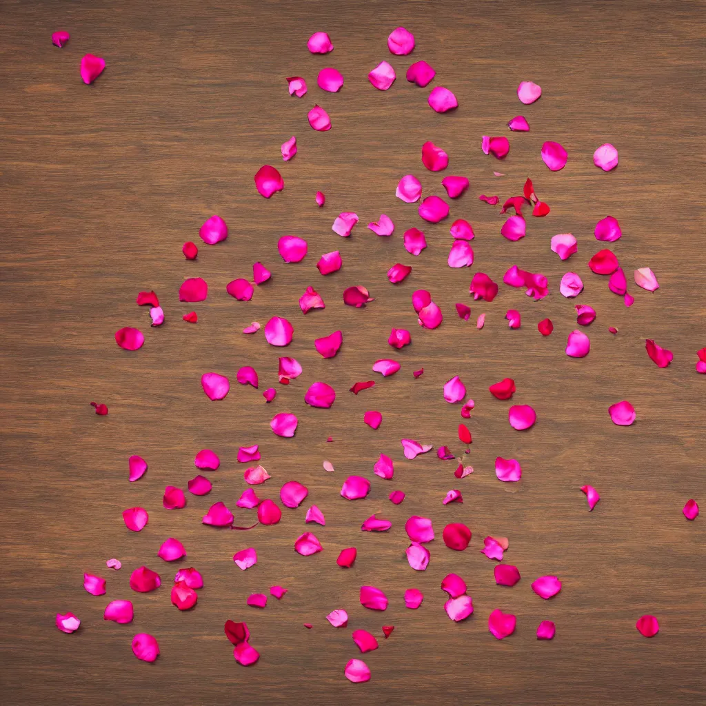 Image similar to top down view with rose petals on top of wooden table, wallpaper, 4k, photorealistic
