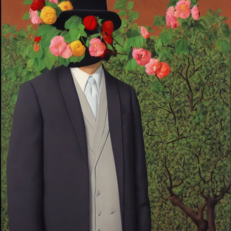 Image similar to portrait of man in a suit with flowers hiding his face by rene magritte, detailed painting, hd, hq, high resolution, high detail, 4 k, 8 k