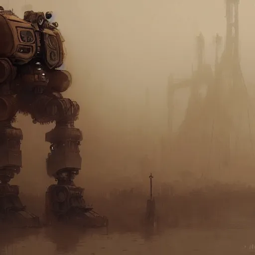 Image similar to gigantic steampunk mecha, dense fog, trending on artstation, jakub rozalski