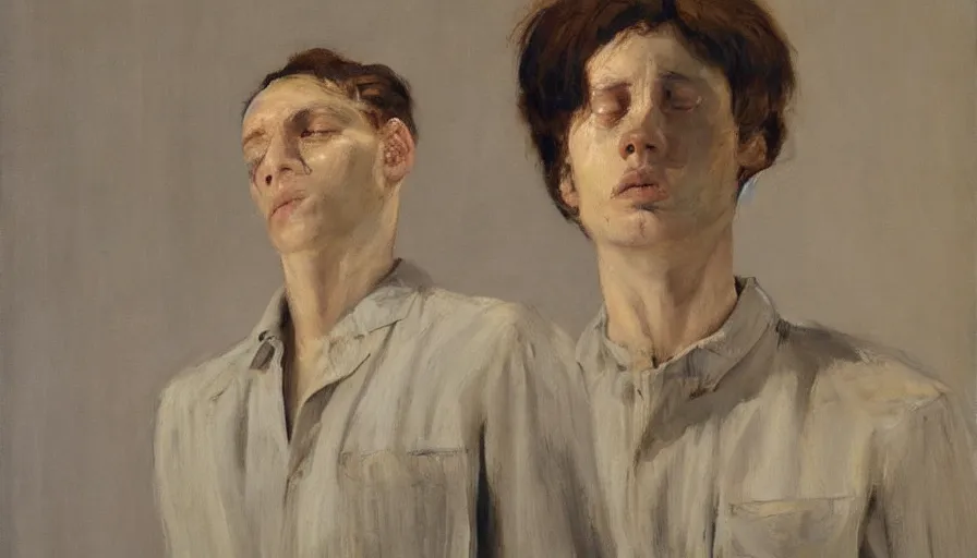 Image similar to painting by borremans, a man looks like mirroring himself, detailed, stunning