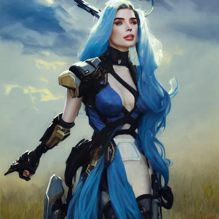 Image similar to portrait of a combination of Ashley Greene, Adriana Dxim, Grace Kelly and Lily Collins with blue hair wearing Warframe armor, countryside, calm, fantasy character portrait, dynamic pose, above view, sunny day, thunder clouds in the sky, artwork by Jeremy Lipkin and Giuseppe Dangelico Pino and Michael Garmash and Rob Rey and Greg Manchess and Huang Guangjian and Makoto Shinkai, very coherent asymmetrical artwork, sharp edges, perfect face, simple form, 100mm