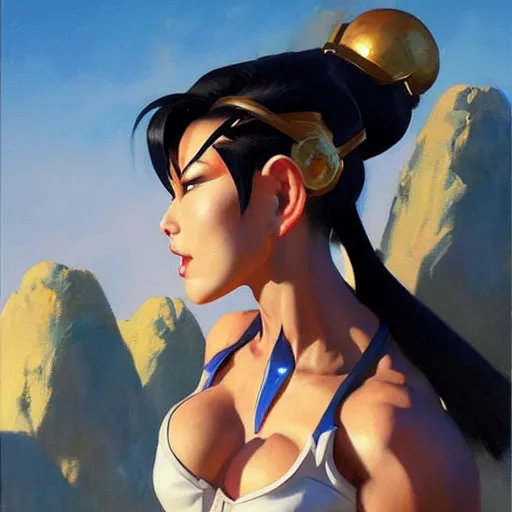 Image similar to greg manchess portrait painting of partially armored chun li from street fighter as overwatch character, medium shot, asymmetrical, profile picture, organic painting, sunny day, matte painting, bold shapes, hard edges, street art, trending on artstation, by huang guangjian and gil elvgren and gerald brom