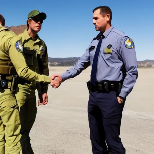 Prompt: federal agents shaking hands with aliens