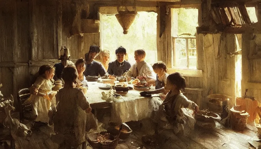 Image similar to simple villager family about to eat a meal together in their beautiful simple cottage home, art by anders zorn, wonderful masterpiece by greg rutkowski, beautiful cinematic light, american romanticism thomas lawrence, greg rutkowski