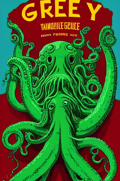 Prompt: a movie poster for the film (green tentacle Cthulhu) by Tom Whalen, highly detailed, award winning creature portrait, fantasy, artstation