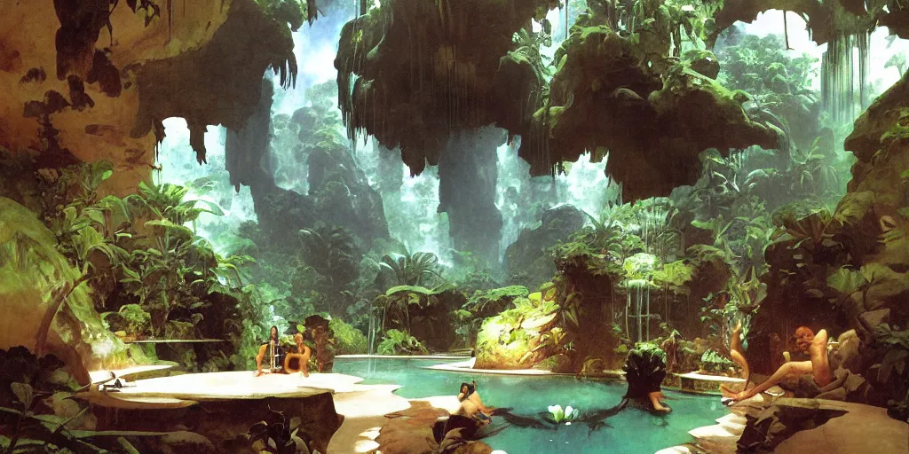 Image similar to a tropical cave that renovate as a luxury interior by syd mead, frank frazetta, ken kelly, simon bisley, richard corben, william - adolphe bouguereau