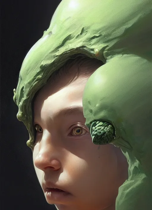 Image similar to a portrait of an alien sage child with an enormously large head, an ancient pale sage child from a different realm, highly detailed, digital painting, artstation, concept art, intricate, elegant, smooth, sharp focus, art by wlop, mars ravelo and greg rutkowski and craig mullins