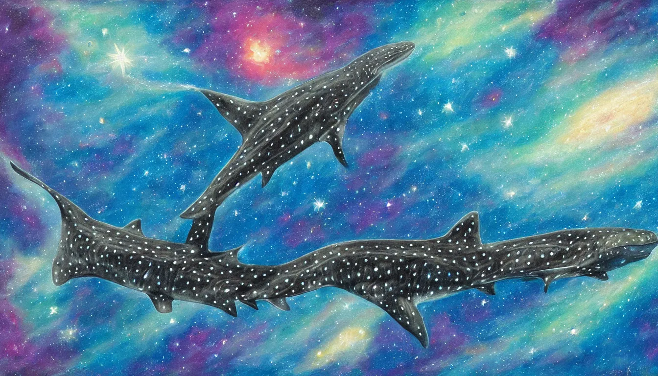 Image similar to oil painting of one whale shark flying in front of a colorful swirling galaxy, shimmering stars, milky way