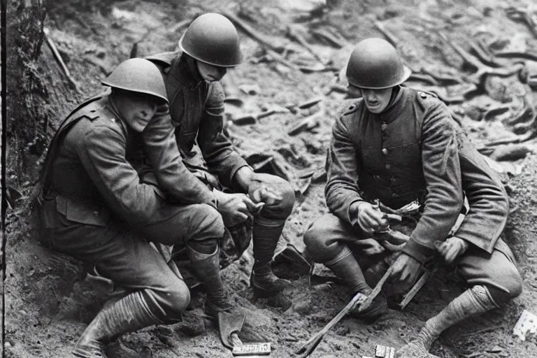 Prompt: old monochromatic photograph of Wolverine and Spider-Man playing cards in a WW1 trench