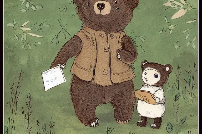 Image similar to a detailed children's book illustration by beatrix potter of a cute female bear child holding an envelope with a look of surprise surrounded by woodland animals. digital art, trending on artstation.