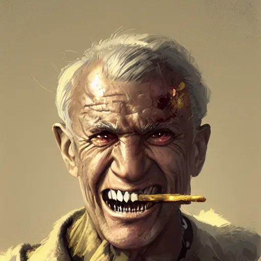 Prompt: old man portrait, grenade in his teeth, greg rutkowski art