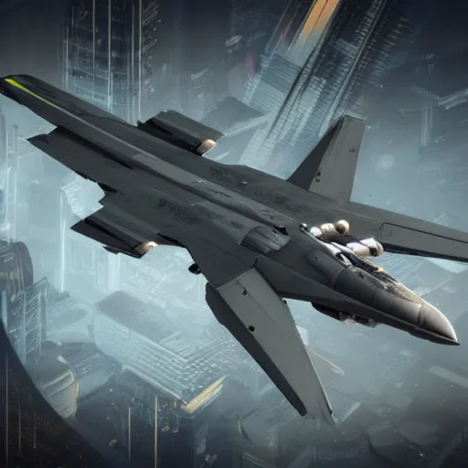 Prompt: cyberpunk concept inspired military jet, futuristic look, highly detailed body, very expensive, photorealistic camera shot, bright studio setting, studio lighting, crisp quality and light reflections, unreal engine 5 quality render