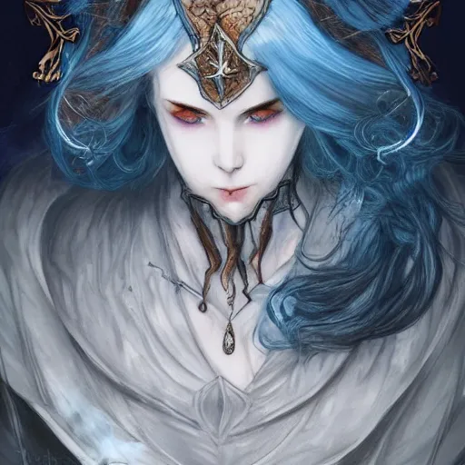 Prompt: portrait of a ranni the witch from elden ring, blue hair, baroque style, elegant, beautiful, mesmerizing, concept art, highly detailed, artstation, behance, deviantart, inspired by innocent manga, inspired by castlevania concept art, trending, ayami kojima, shinichi sakamoto