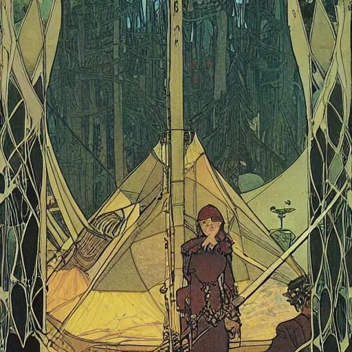 Prompt: a two inch high tent village, huge sense of scale and depth by mucha and charles vess