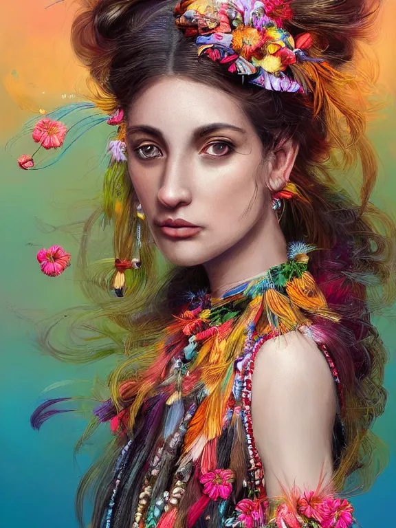 Image similar to beautiful portrait of a mediterranean female wearing fantastic Hand-dyed cotton dress, embellished beaded feather decorative fringe knots ,colorful pigtail,subtropical flowers and plants,symmetrical face,intricate,elegant, highly detailed, 8k,post-processing,digital painting, trending on artstation, concept art, sharp focus, illustration, by artgerm,Tom Bagshaw,Daniel Gerhartz,Albert Aublet,Lawrence Alma-Tadema
