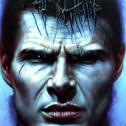 Image similar to portrait of demonic Tom Cruise in hood and crown of thorns, dark fantasy, Warhammer, artstation painted by Zdislav Beksinski and Wayne Barlowe