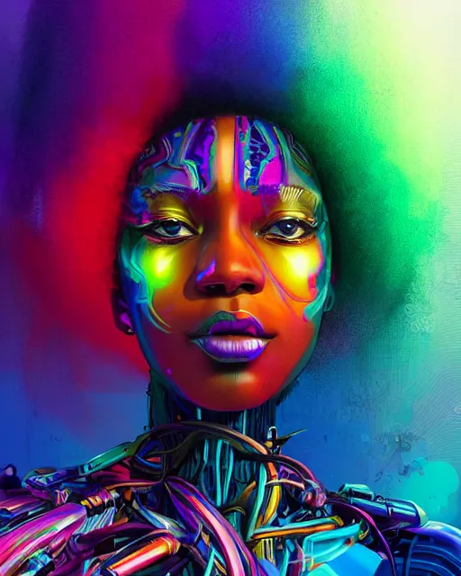 Prompt: colorful portrait of a futuristic black woman hippie with cybernetics and a natural hair style | highly detailed | very intricate | symmetrical | professional model | cinematic lighting | award - winning | painted by rossdraws and wlop and artgerm | pan futurism, dystopian, bold psychedelic colors, cyberpunk, anime aesthestic | featured on artstation