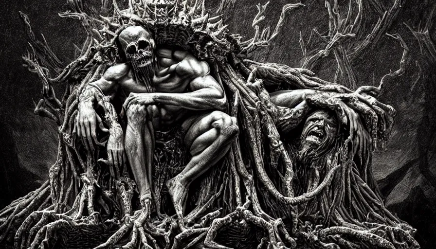 Prompt: highly detailed dark rotting god god sitting on a throne of bodies, night, death, fear, horror, religion, in style of minecraft, trees, monochrome, by caravaggio, hyperrealism, detailed and intricate environment