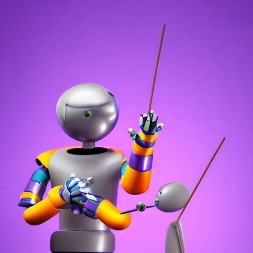 Image similar to a photorealistic 3 d render made in blender of a colourful friendly robot being poked in the eye by a man with a stick. background is a purple gradient
