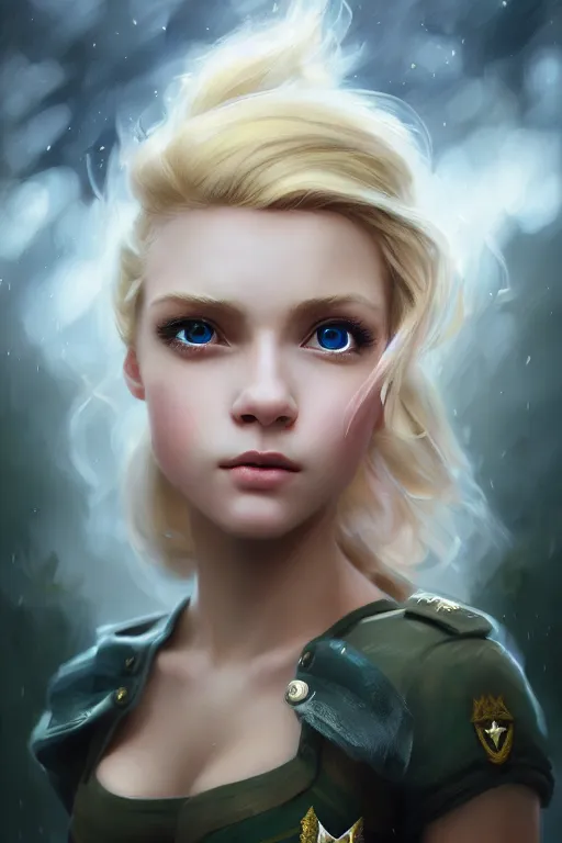 Image similar to cinematic shot of an epic portrait of a cute blonde fairy dressed in military clothes, stylised military clothes, shiny skin, beautiful eyes, beautiful, small details, night setting, realistic poster with volumetric light from craig mallism, artgerm, jeremy lipkin and michael garmash, unreal engine, radiant light, digital art, trends at art station, a masterpiece