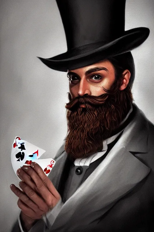 Image similar to bearded round face with no moustache, magician holding playing cards, realistic, modern, magicians eyes are covered with cloth, intricate, elegant, highly detailed, digital painting, artstation, concept art, addiction, chains, smooth, sharp focus, illustration, art by ilja repin