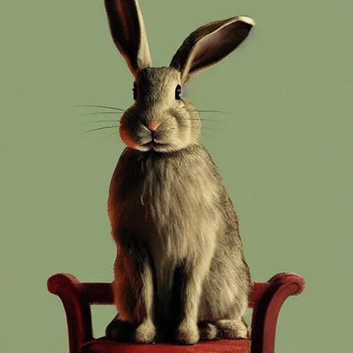 Image similar to a rabbit sitting on a chair, dramatic lighting, in the style of ilya repin