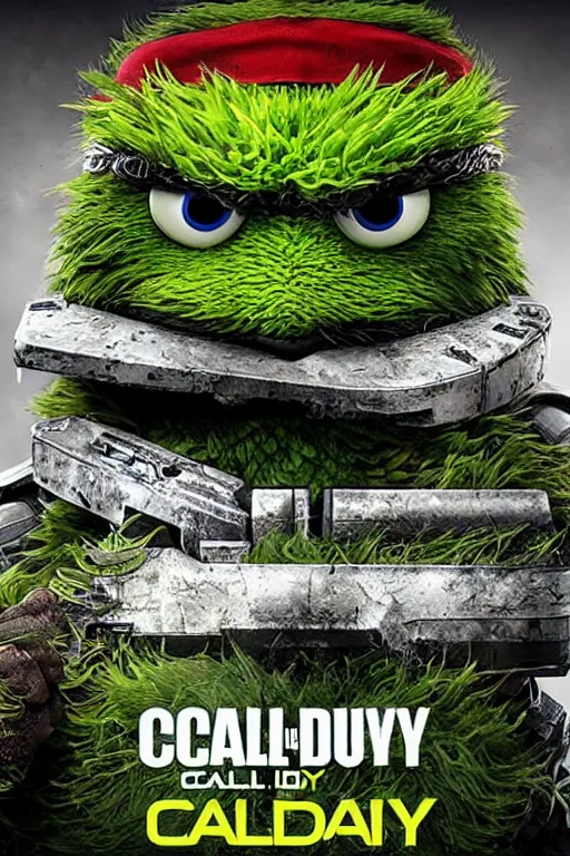 Image similar to “ oscar the grouch on the cover of call of duty 4 ”
