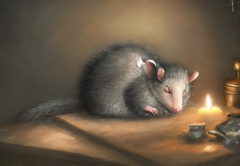 Image similar to cute possum sleeping inside a bed in a dark medieval cluttered cottage at night under the dim light of a candle, dark fantasy, dreaming illusion, trending on artstation