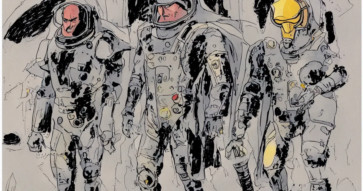 Image similar to male, heroic figure, space suit with a modern helmet, character sheet, science fiction, very stylized, character design, pen and ink, digital painting, watercolor wash, by mike mignola, by alex maleev, jean giraud