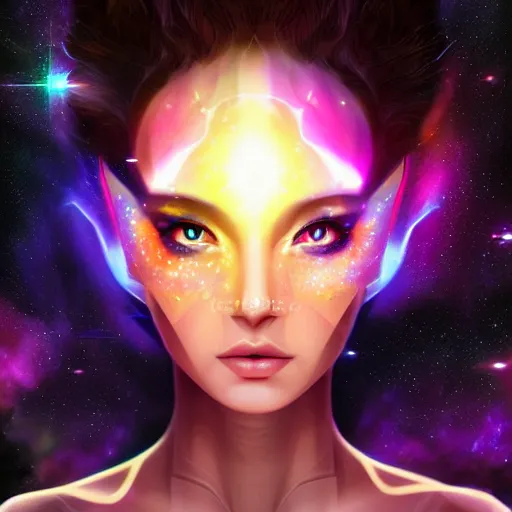 Image similar to geometric with galaxy eyes in space, nebula in the background, intricate, elegant, highly detailed, digital painting, artstation, concept art, smooth, sharp focus, illustration, art by artgerm