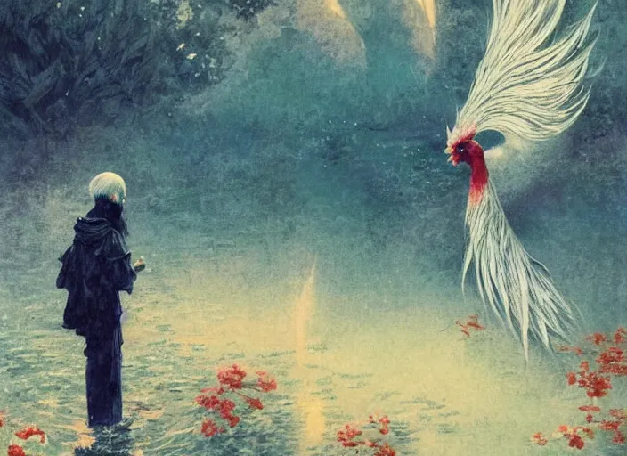 Image similar to a gorgeous paradise rooster japanese art is looking at a bird, ethereal, horror, fantasy art by greg rutkowski and magali villeneuve and claude monet