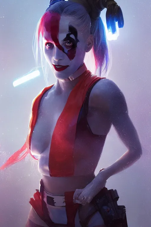 Prompt: a portrait of a sci-fi Harley Quinn by Greg Rutkowski, Sung Choi, Mitchell Mohrhauser, Maciej Kuciara, Johnson Ting, Maxim Verehin, Peter Konig, final fantasy , mythical, 8k photorealistic, cinematic lighting, HD, high details, atmospheric,