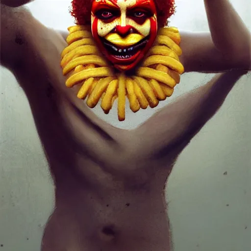 Prompt: A Satanic Ronald McDonald eating a hamburger and fries, horror, intricate, moody, highly detailed, artstation, concept art, smooth, sharp focus, illustration, art by greg rutkowski and orientalism and bouguereau and Zdzislaw Beksinski, good clear quality, lighting, biology, symmetrical artwork, slop, evil, 135 mm, cinematic, hyper realism, high detail, octane render, 8k, chrome accents