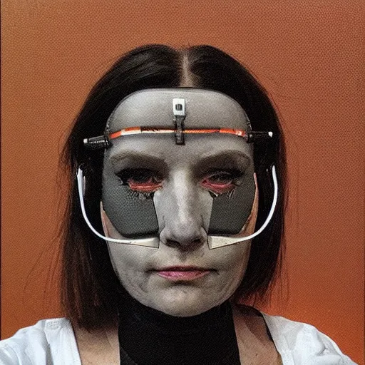 Image similar to grainy illustration of an ugly woman, wearing bionic implants, cyborg!!!! criminal!!!!, (((((high tech, cyberpunk))))), mugshot!!!!