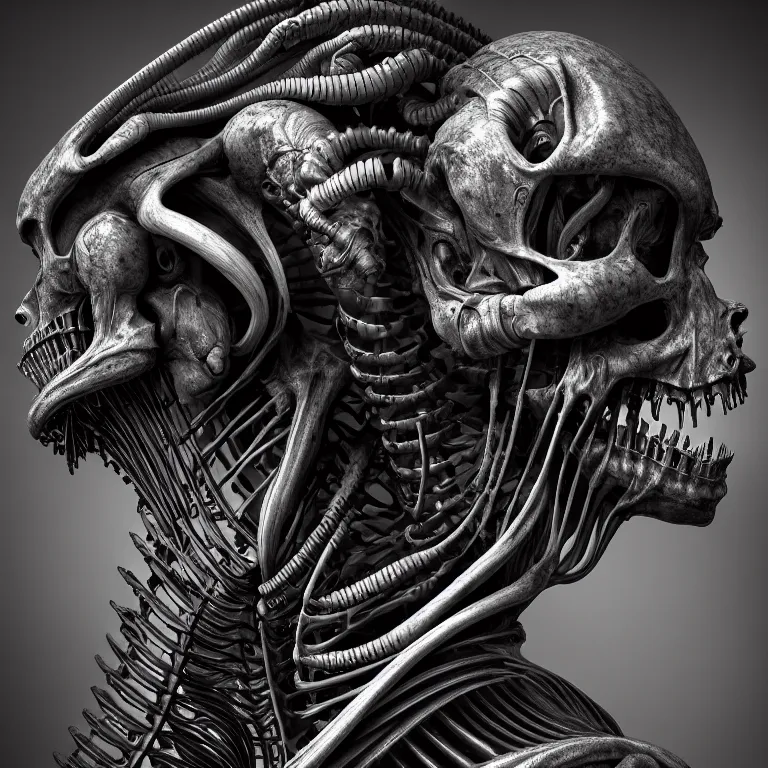 Prompt: biomechanical surreal ribbed spinal dark alien portrait, baroque painting, beautiful detailed intricate insanely detailed octane render, 8K artistic photography, photorealistic, chiaroscuro, Raphael, Caravaggio