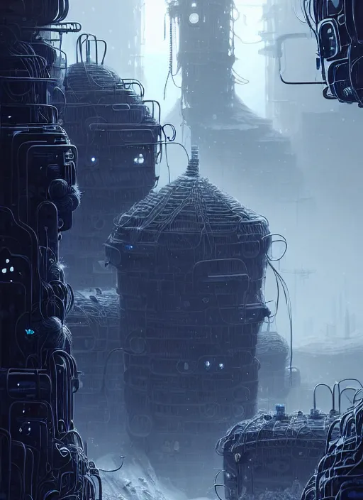 Image similar to highly detailed portrait of a frostpunk long curly white hair tribal lady, stray wiring by atey ghailan, james gilleard, by joe fenton, by greg rutkowski, by greg tocchini, by kaethe butcher, 4 k resolution, gradient blue, black and white color scheme!!! ( ( glaciated robotic dystopian city background ) )