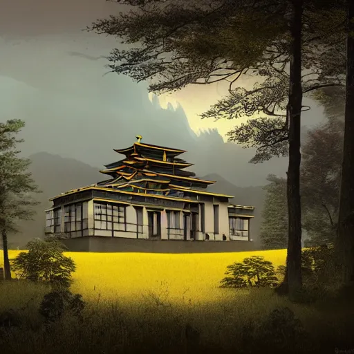 Image similar to modernist house inspired by a tibetan palace, open field, big trees, yellow clouds, dramatic lighting, artstation, matte painting, raphael lacoste, simon stalenhag, frank lloyd wright