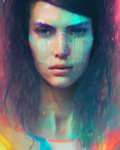 Prompt: portrait of a brunette hippie, but set in the future 2 1 5 0 | highly detailed | very intricate | symmetrical | professional model | cinematic lighting | award - winning | painted by mandy jurgens | pan futurism, dystopian, bold colors, cyberpunk, anime aesthestic | featured on artstation